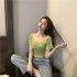 Trendy French Style Knitted Shirt For Women Short Sleeves Square Neck Crop Top Slim Fit Solid Color Blouse green One size  recommended 35 60kg 