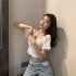 Trendy French Style Knitted Shirt For Women Short Sleeves Square Neck Crop Top Slim Fit Solid Color Blouse White One size  recommended 35 60kg 