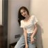Trendy French Style Knitted Shirt For Women Short Sleeves Square Neck Crop Top Slim Fit Solid Color Blouse White One size  recommended 35 60kg 