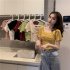 Trendy French Style Knitted Shirt For Women Short Sleeves Square Neck Crop Top Slim Fit Solid Color Blouse White One size  recommended 35 60kg 