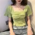 Trendy French Style Knitted Shirt For Women Short Sleeves Square Neck Crop Top Slim Fit Solid Color Blouse White One size  recommended 35 60kg 