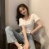 Trendy French Style Knitted Shirt For Women Short Sleeves Square Neck Crop Top Slim Fit Solid Color Blouse White One size  recommended 35 60kg 