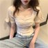 Trendy French Style Knitted Shirt For Women Short Sleeves Square Neck Crop Top Slim Fit Solid Color Blouse White One size  recommended 35 60kg 