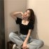 Trendy French Style Knitted Shirt For Women Short Sleeves Square Neck Crop Top Slim Fit Solid Color Blouse White One size  recommended 35 60kg 