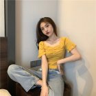 Trendy French Style Knitted Shirt For Women Short Sleeves Square Neck Crop Top Slim Fit Solid Color Blouse yellow One size (recommended 35-60kg)