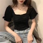 Trendy French Style Knitted Shirt For Women Short Sleeves Square Neck Crop Top Slim Fit Solid Color Blouse black One size (recommended 35-60kg)