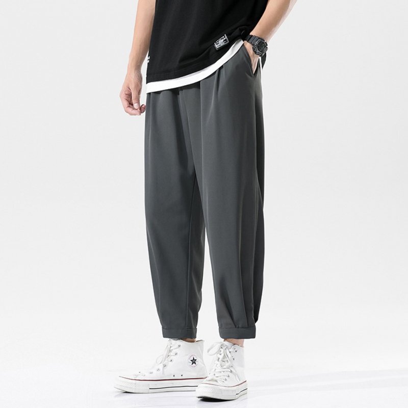 Trendy Men Loose Sports Pants Summer Thin Ethnic Style Solid Color Pants Casual Straight Wide-leg Trousers dark gray 2XL