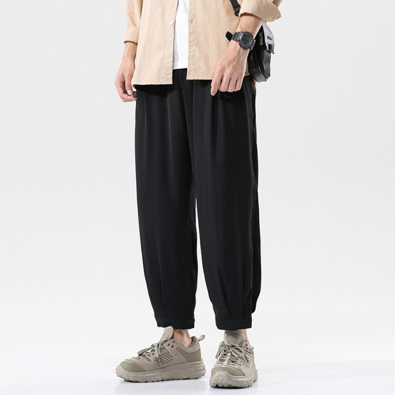 Trendy Men Loose Sports Pants Summer Thin Ethnic Style Solid Color Pants Casual Straight Wide-leg Trousers black L