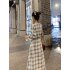 Trendy V Neck Dress For Women Summer Short Sleeves High Waist Long Skirt Elegant Plaid Printing A line Skirt White 2XL