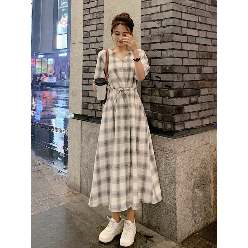 Trendy V Neck Dress For Women Summer Short Sleeves High Waist Long Skirt Elegant Plaid Printing A-line Skirt White 2XL