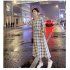 Trendy V Neck Dress For Women Summer Short Sleeves High Waist Long Skirt Elegant Plaid Printing A line Skirt White 2XL