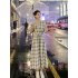 Trendy V Neck Dress For Women Summer Short Sleeves High Waist Long Skirt Elegant Plaid Printing A line Skirt White 2XL