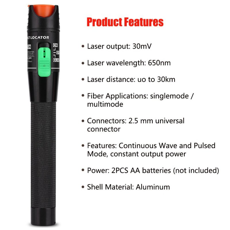 Optical Fiber Visual Fault Locator Fiber Optic Cable Tester Meter Red Light Pen with 2.5mm Universal Connector for FC/SC / ST Connector  