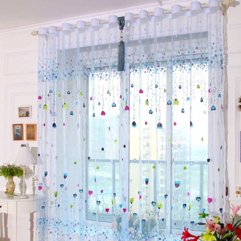 Tulle Curtain with Loving Heart Balloons Pattern for Home Balcony Living Room Kids Room  1m wide * 2m high (through rod processing)_Blue balloon yarn