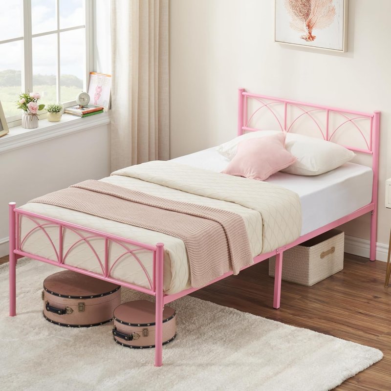 Twin Bed Frame Pink Iron Platform With Headboard and Footboard + 77.6*39.8*35.1