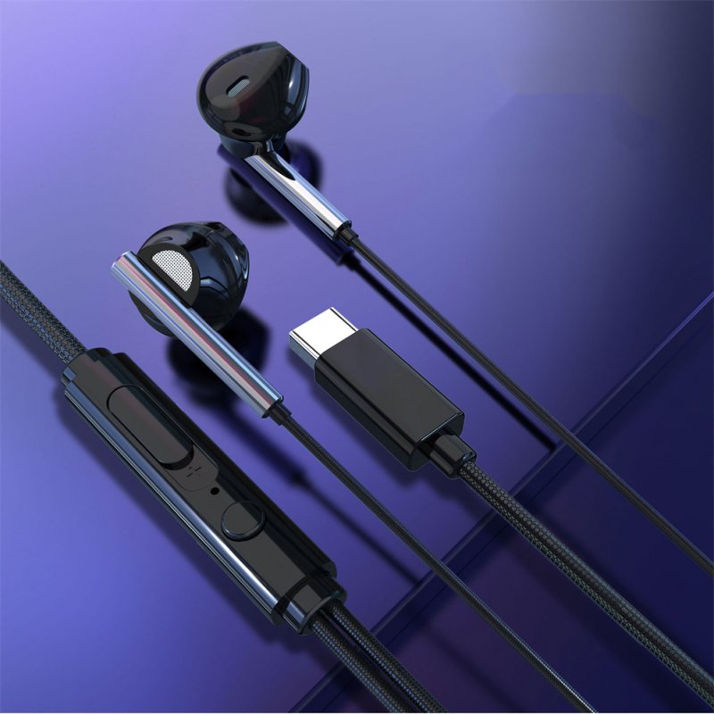 Type-C In-ear Wired Headset Subwoofer Noise Reduction Eating Chicken Game Earbuds Earphone With Mic For Computer Mobile Phone black