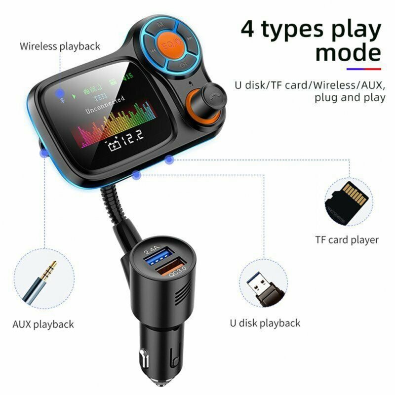 Car Mp3  Player Wireless Bluetooth-compatible T831 Lossless Sound Quality Qc3.0 Fast Charging With Atmosphere Light Fm Transmitter 