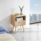 US 15.75 Inch Rattan Night Stands With Power Outlet & USB Ports Solid Wood Legs Bedside End Table For Bedroom/Living Room/Salon/Office natural