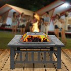 US 32in Portable Square Fire Bowl Lightweight Fire Pit With Poker Mesh Lid Accessories For Garden Courtyard black