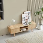 US 55.12 Inch Rattan TV Cabinet TV Stand With Open Storage Shelves Double Sliding Doors Solid Wood Legs Media Console Table For Living Room Bedroom natural