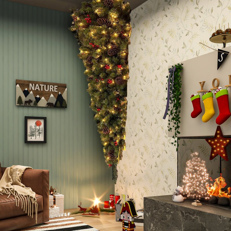 US 6FT Upside Down Christmas Tree 600 Branch Tips 300 LED Warm White Lights Christmas Tree For Home Office Party Green