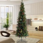US 7.5FT Slim Prelit Artificial Christmas Tree With 1000 Branches Cones Berries Realistic Xmas Tree With Lights Foldable Metal Stand Green