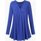 US AMZPLUS Women's Wrap V Neck Long Sleeve Loose Fit Casual Plus Size Pleated Blouse Top Tunic Shirt Sapphire