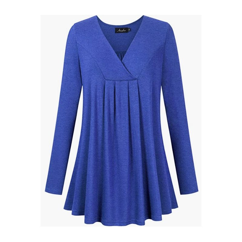 US AMZPLUS Women's Wrap V Neck Long Sleeve Loose Fit Casual Plus Size Pleated Blouse Top Tunic Shirt Sapphire