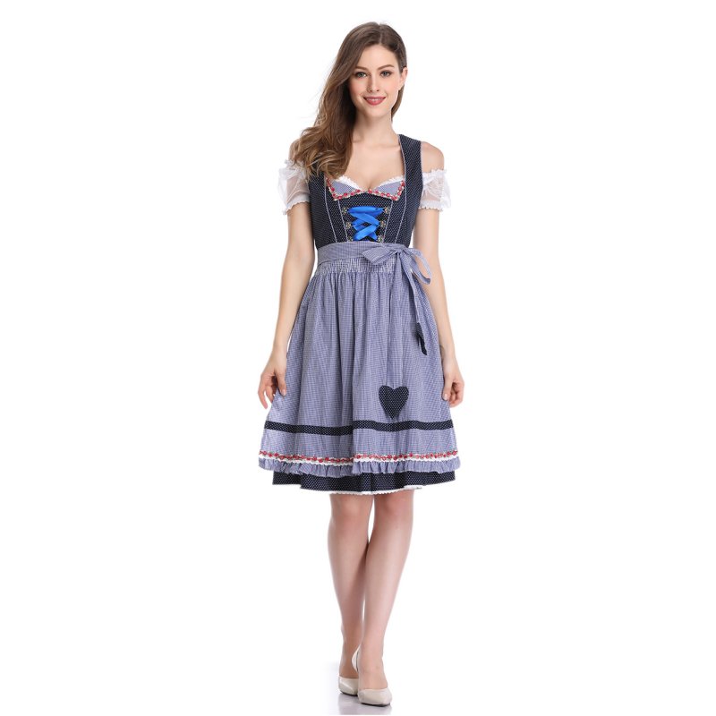 US Oktoberfest Women's Three Piece Plaid Patchwork Lace Apron Polka Dot Skirt