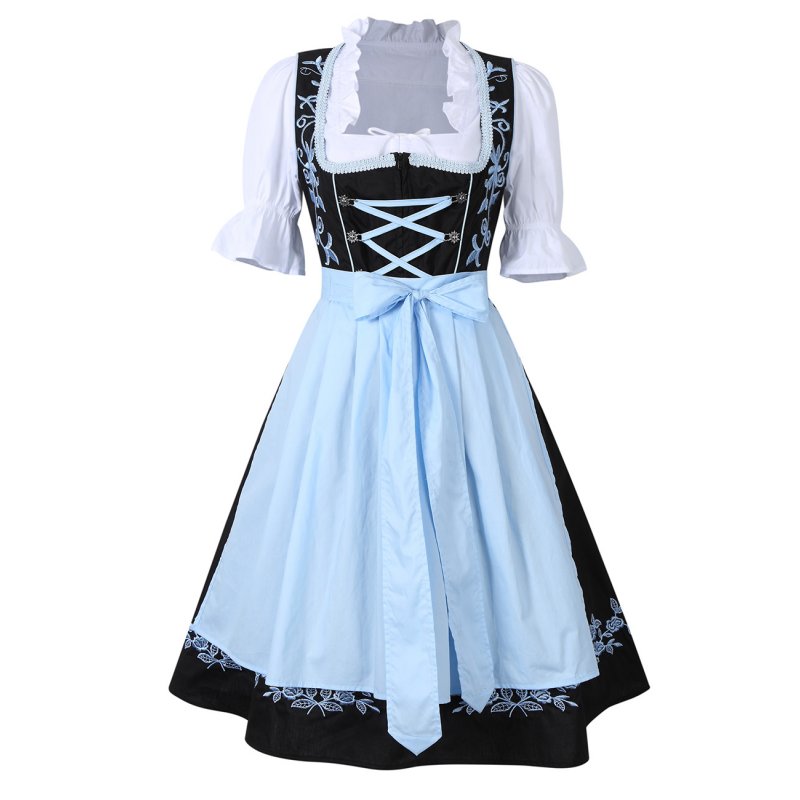 US CLEARLOVE Women German Dirndl Dress Short-sleeved Dress Three-piece Set Upgraded Black and Blue S