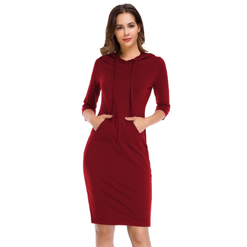 US CLEARLOVE Women's Casual Long Sweatshirts 3/4 Sleeve Hooded Bodycon Dress with Kangaroo Pocket Burgundy XL