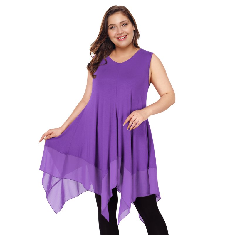US CLEARLOVE Women's Plus Size Solid V Neck Sleeveless Irregular Hem Loose Shirt Dress