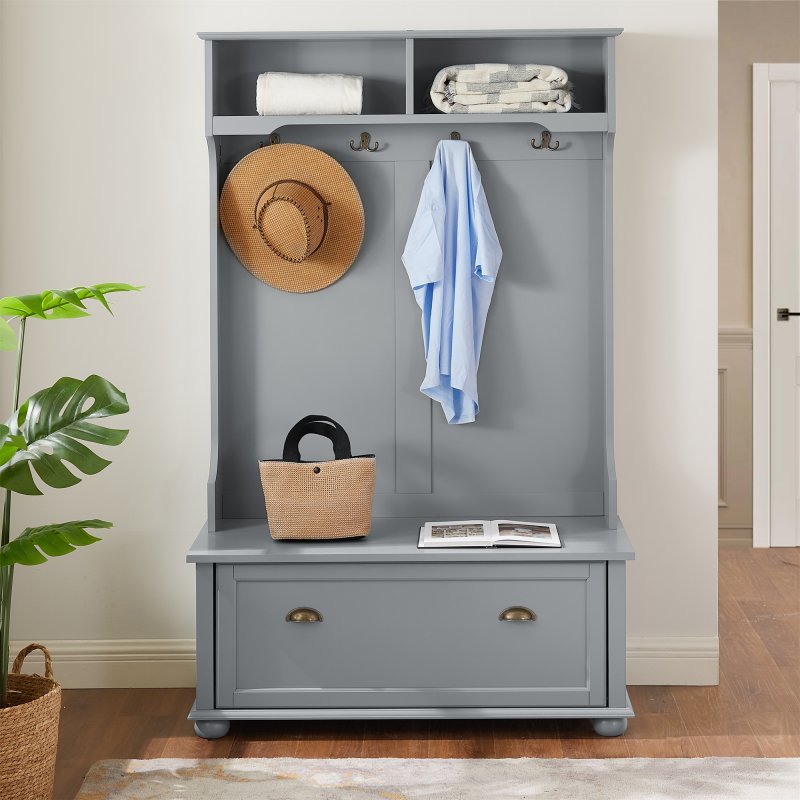 US Entryway Hall Tree With Storage Bench Open Shelves Coat Rack Hooks Shoe Cabinet For Hallway Entryway Mudroom Use Gray
