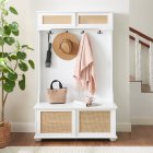 US Entryway Hall Tree With Storage Bench Coat Rack Hooks Shoe Cabinet With Rattan Door Shelves Hallway Furniture White