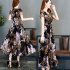 US Female Summer Waisted Floral Pattern Short sleeve Printing Dress Gray pattern XL