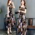 US Female Summer Waisted Floral Pattern Short sleeve Printing Dress Gray pattern XL