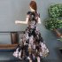 US Female Summer Waisted Floral Pattern Short sleeve Printing Dress Gray pattern XL
