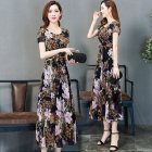 US Female Summer Waisted Floral Pattern Short-sleeve Printing Dress  Gray pattern L