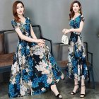 US Female Summer Waisted Floral Pattern Short-sleeve Printing Dress  Blue flower XL