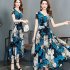 US Female Summer Waisted Floral Pattern Short sleeve Printing Dress  Blue flower 3XL