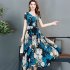 US Female Summer Waisted Floral Pattern Short sleeve Printing Dress  Blue flower 3XL