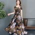 US Female Summer Waisted Floral Pattern Short sleeve Printing Dress  Blue flower 3XL