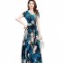 US Female Summer Waisted Floral Pattern Short sleeve Printing Dress  Blue flower 3XL