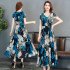 US Female Summer Waisted Floral Pattern Short sleeve Printing Dress  Blue flower 3XL
