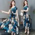 US Female Summer Waisted Floral Pattern Short sleeve Printing Dress  Blue flower 3XL
