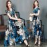 US Female Summer Waisted Floral Pattern Short sleeve Printing Dress  Blue flower 3XL