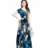 US Female Summer Waisted Floral Pattern Short sleeve Printing Dress  Blue flower L