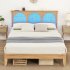 US GARVEE 12 4  Deluxe Solid Wood Queen Bed Frame with LED Lights   Rattan Headboard  Wooden Legs  Modern  No Box Spring  Easy Assembly