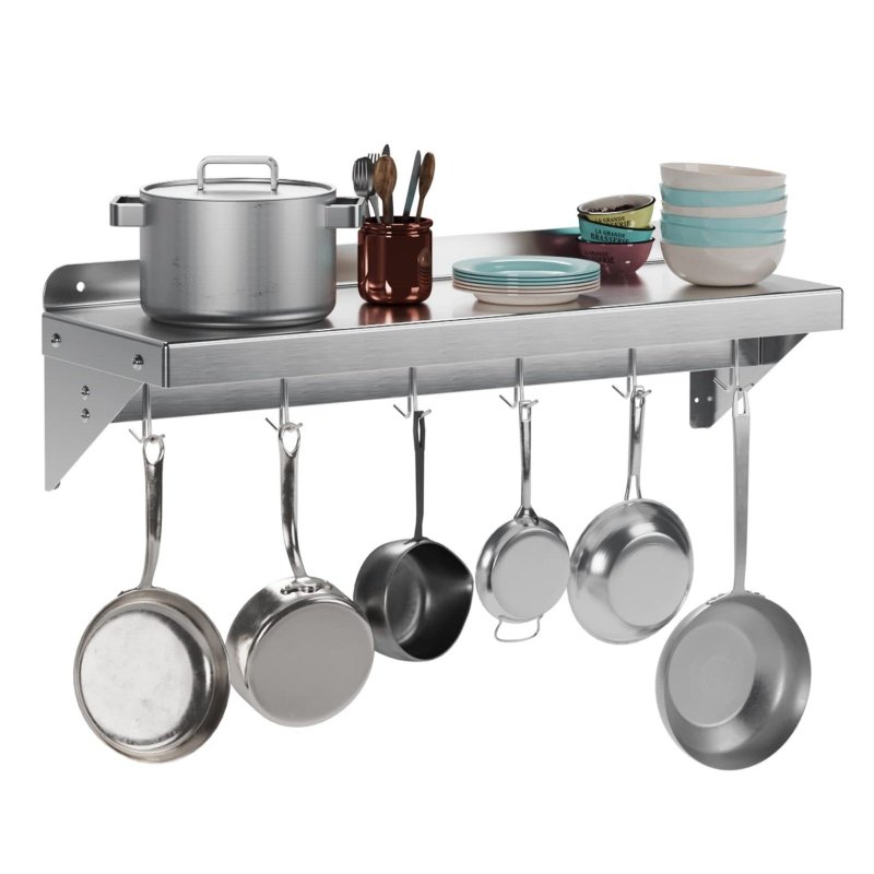 US GARVEE 12x36In Stainless Steel Wall Shelf 200lbs Load Metal Storage Rack with Backplash Hooks
