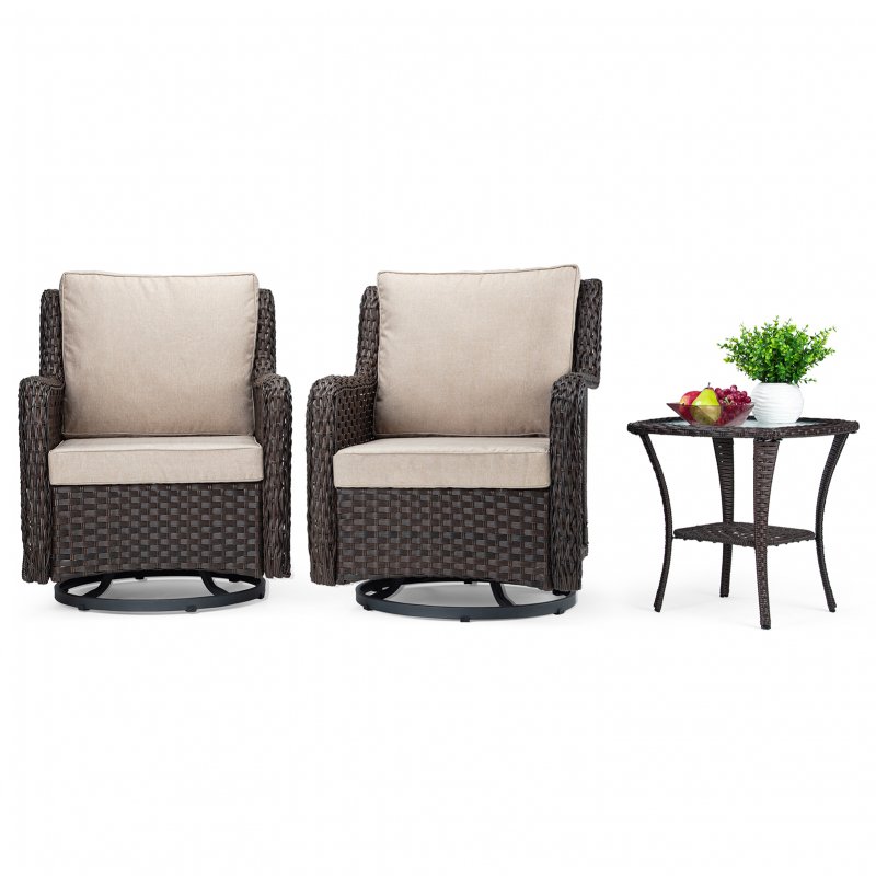 US GARVEE 3 Pieces Rattan Swivel Rocking Chair Outdoor, Patio Bistro Conversation Furniture Set, Wicker Chair with Cushions and Table - Beige-Encrypted Rattan